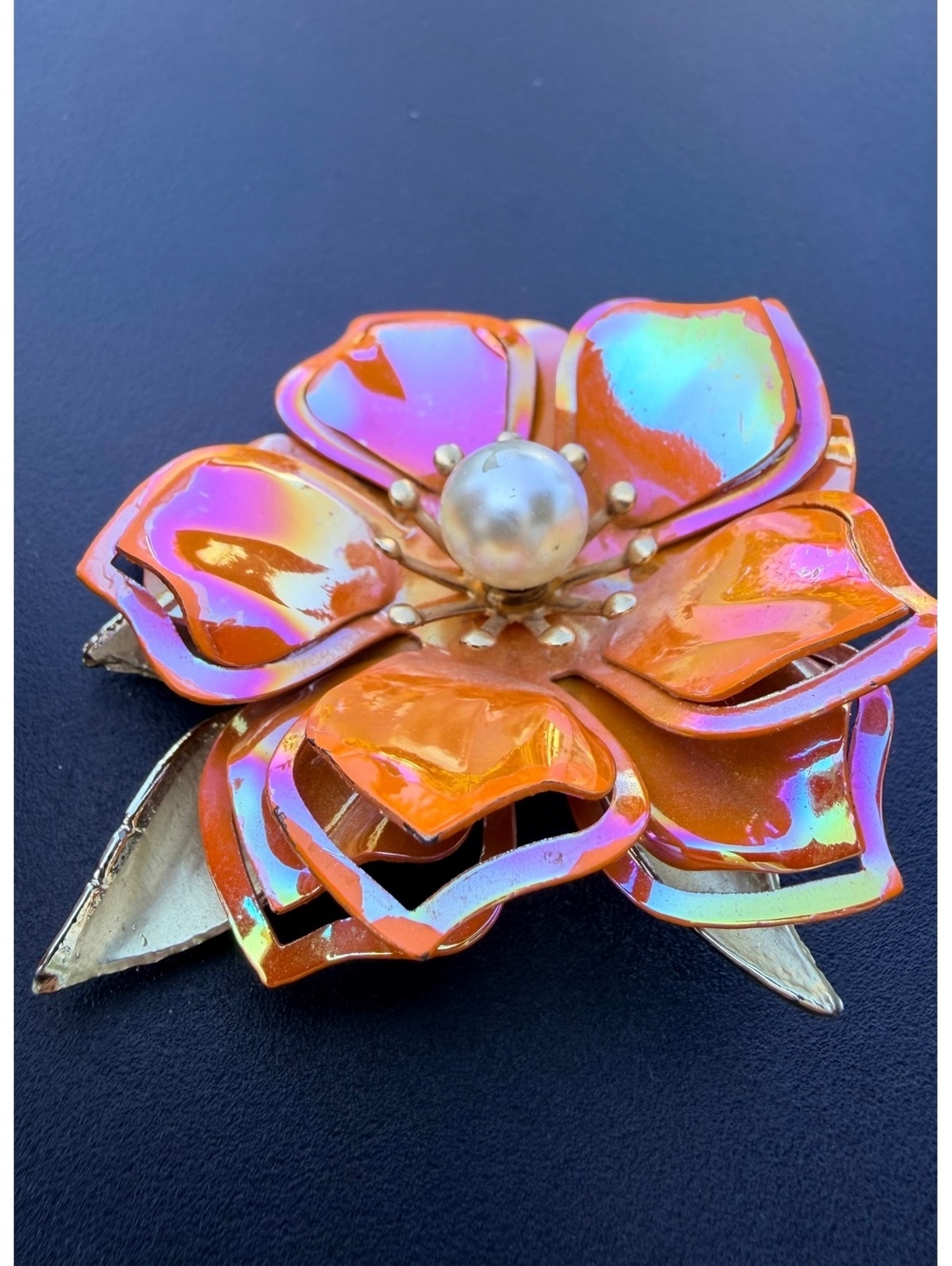 Vintage Iridescent Orange Enamel Flower Brooch Faux Pearl - Picture 2 of 6